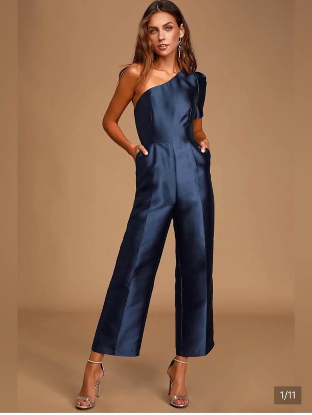 One-Shoulder Navy Satin Jumpsuit XS - Picture 1 of 5